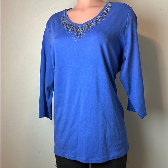 Quacker Factory Top Women’s Pullover Top Embellished Neck Line 100%Cotton Sz 1X - Picture 1 of 10